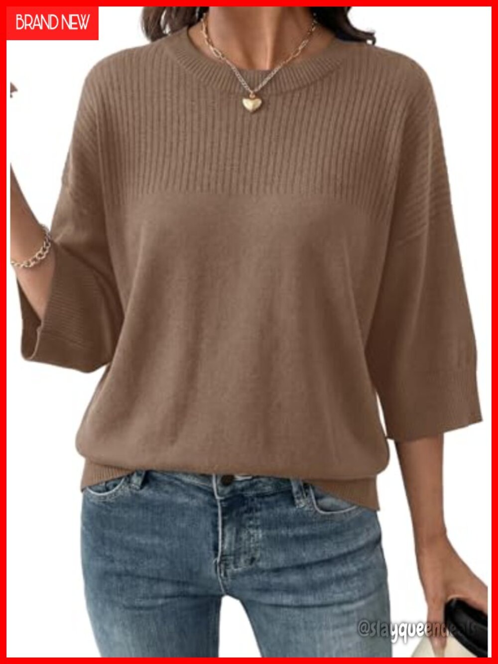 Womens 3/4 Sleeve Cropped Knit Sweater Pullover Lightweight Soft Crew Neck Top